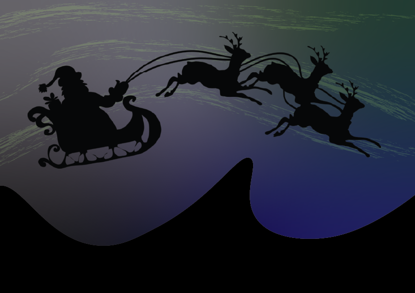 A Siluette of Santa and his sleigh over a dark ocean